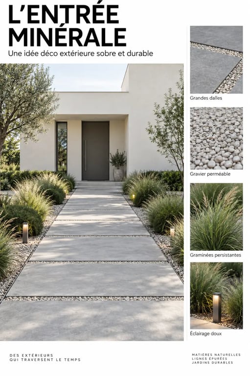 Idée déco extérieur devant maison contemporaine avec dalles, graminées et éclairage doux
