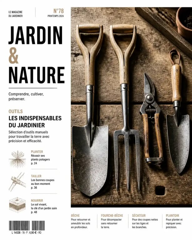 Matériel pour le jardinage : bêche, fourche-bêche, sécateur et plantoir disposés sur un établi