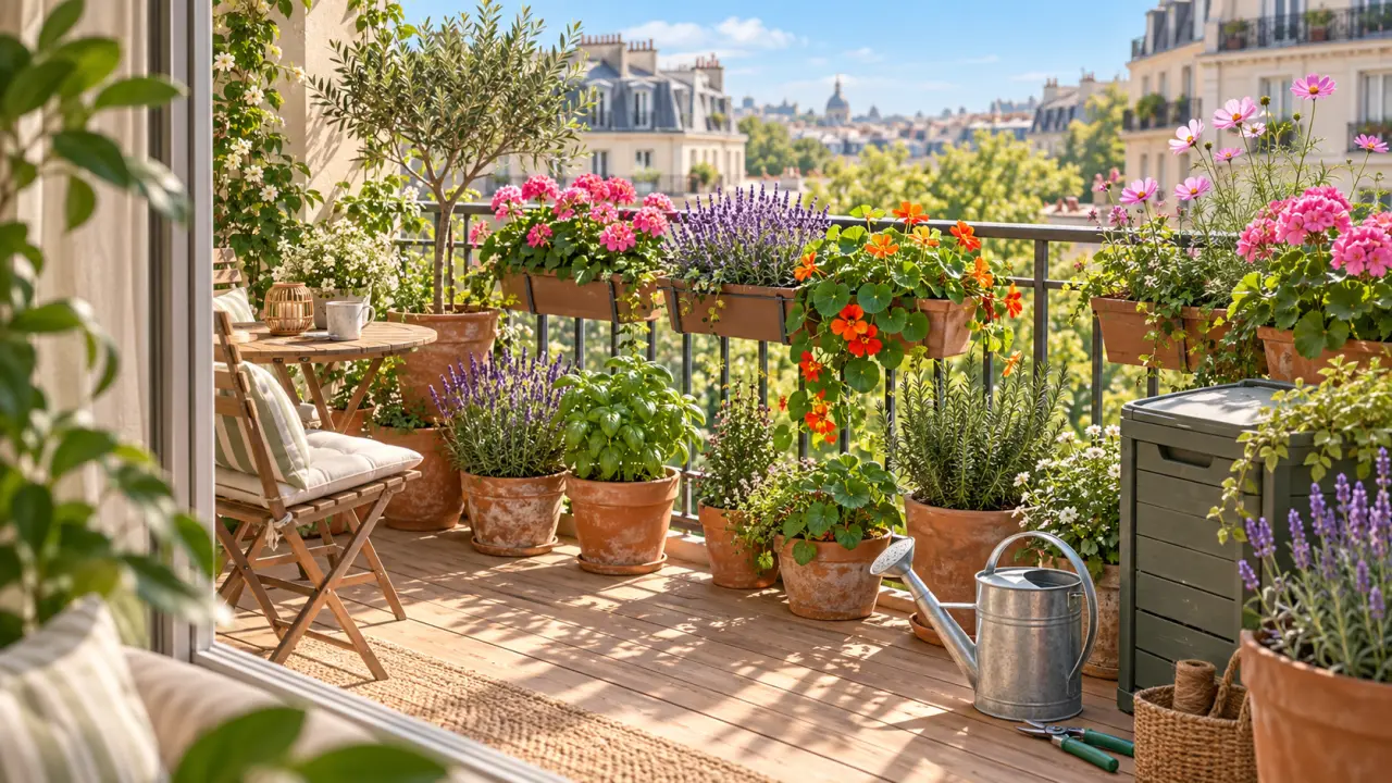 Balcon urbain fleuri avec des plantes en pots et des feuillages luxuriants