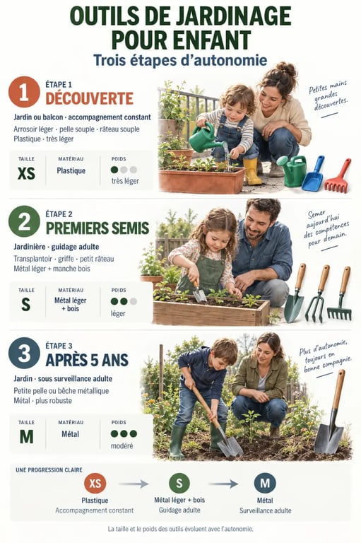 Outils jardinage enfant adaptés à l'âge, au matériau et au niveau de surveillance