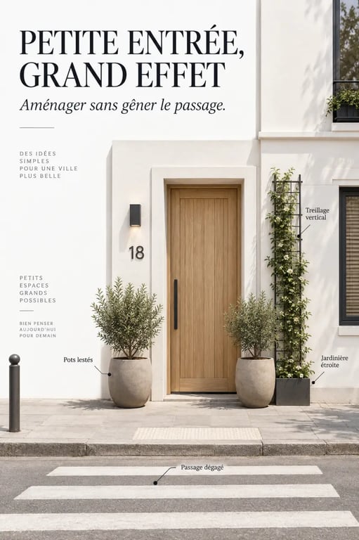 Idée déco extérieur devant maison sans jardin avec pots, jardinière et passage dégagé