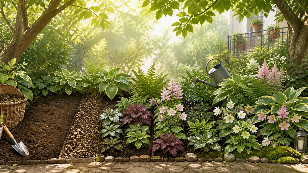 Illustration d’un massif d’ombre luxuriant avec fougères, hostas et paillage naturel
