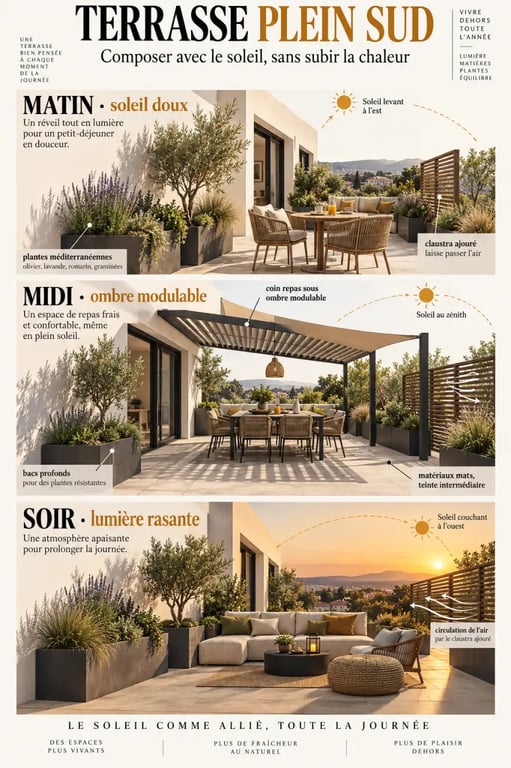 Comment aménager une terrasse exposée plein sud avec zones d’ombre, plantes et mobilier adaptés