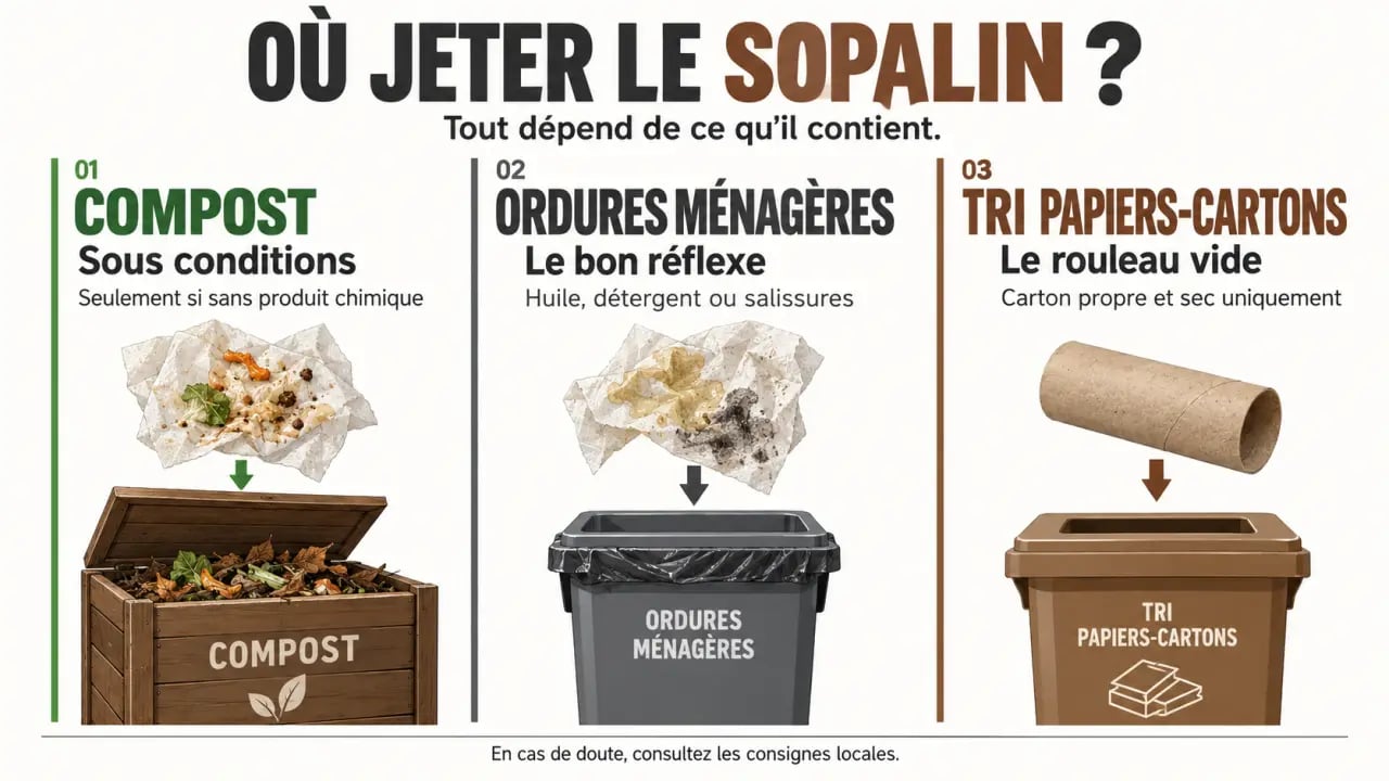 Sopalin compost : schéma des destinations entre compost, ordures ménagères et tri du rouleau en carton