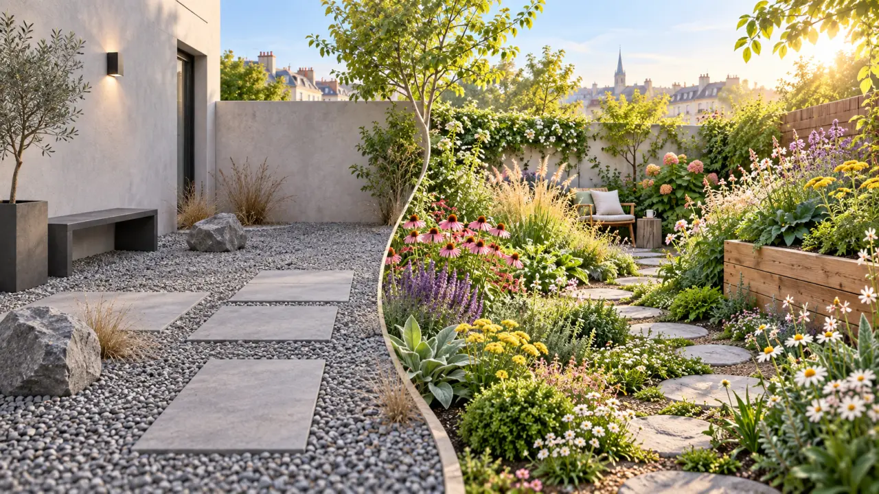 Transformation d'un coin minéral en jardin fleuri aux formes organiques