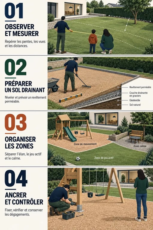 Étapes d’aménagement d’une aire de jeux extérieure dans un jardin
