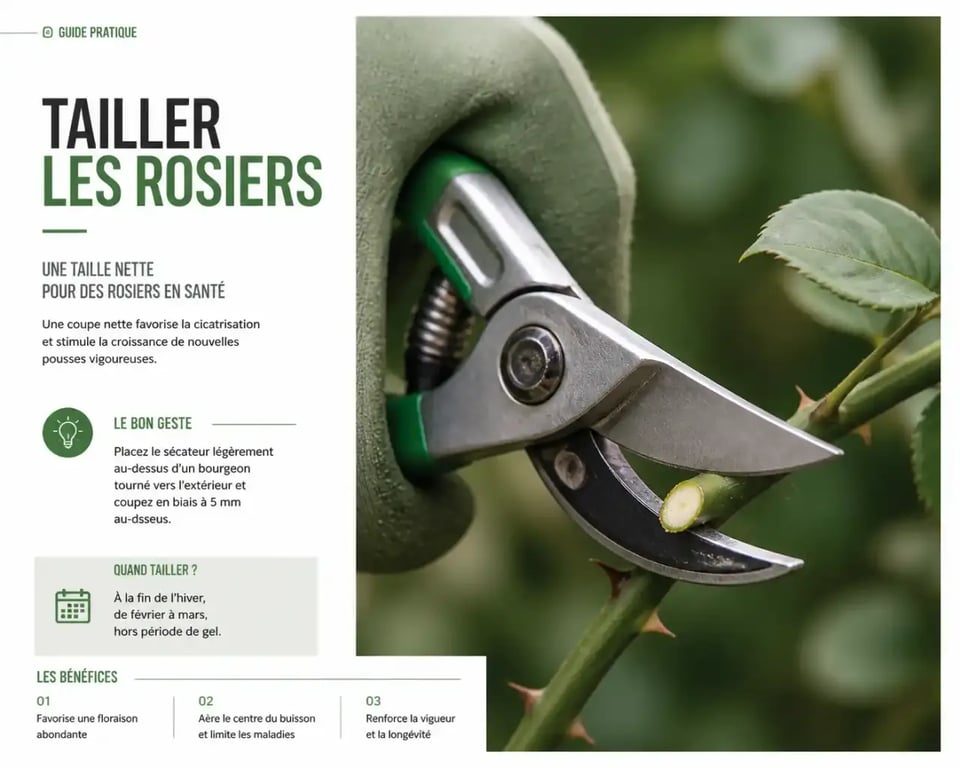 Sécateur à lames croisées utilisé pour tailler un rosier, exemple de matériel pour le jardinage