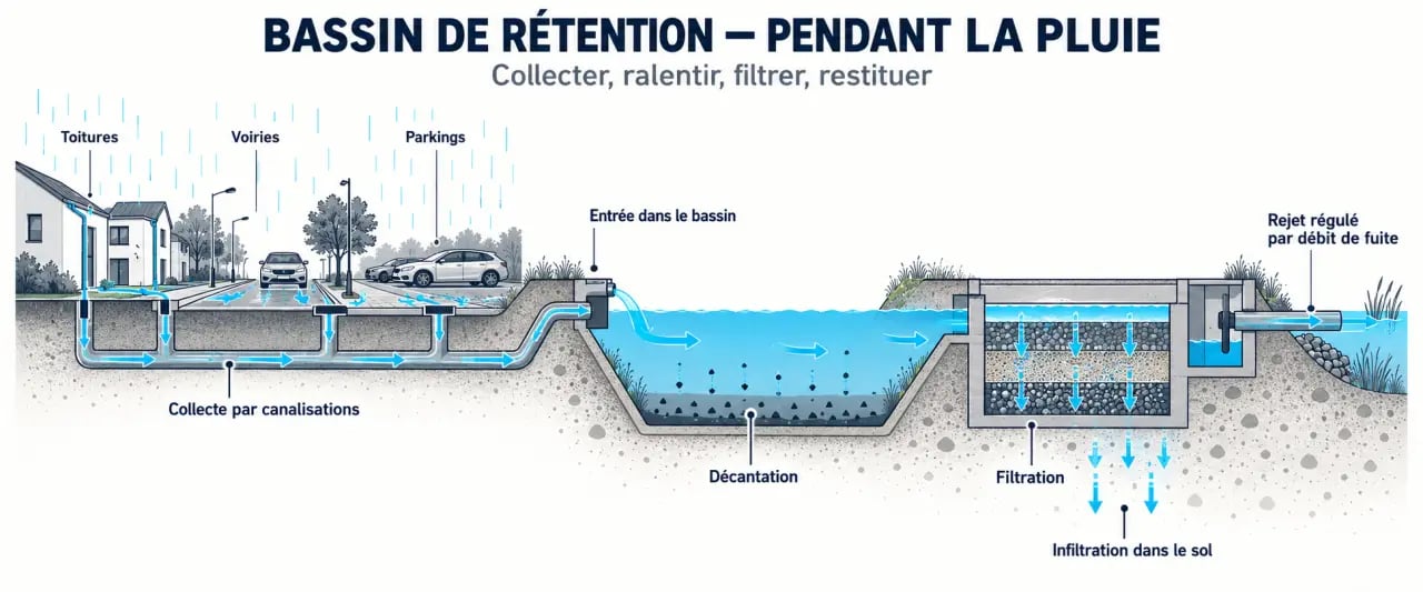 Schéma du fonctionnement d’un bassin de rétention d’eau avec collecte, stockage, filtration et rejet régulé