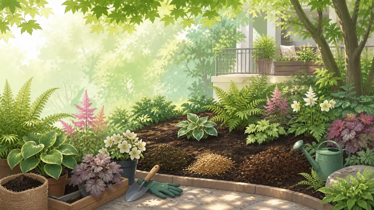 Illustration d'un massif d'ombre luxuriant avec fougères, hostas et lumière douce
