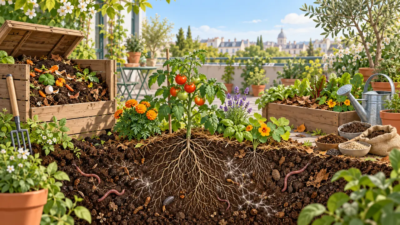 Compost mûr étalé au pied de plantes dans un jardin naturel