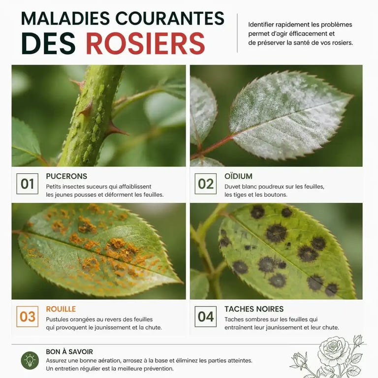 Identification visuelle des maladies des rosiers : pucerons, oïdium, rouille et taches noires