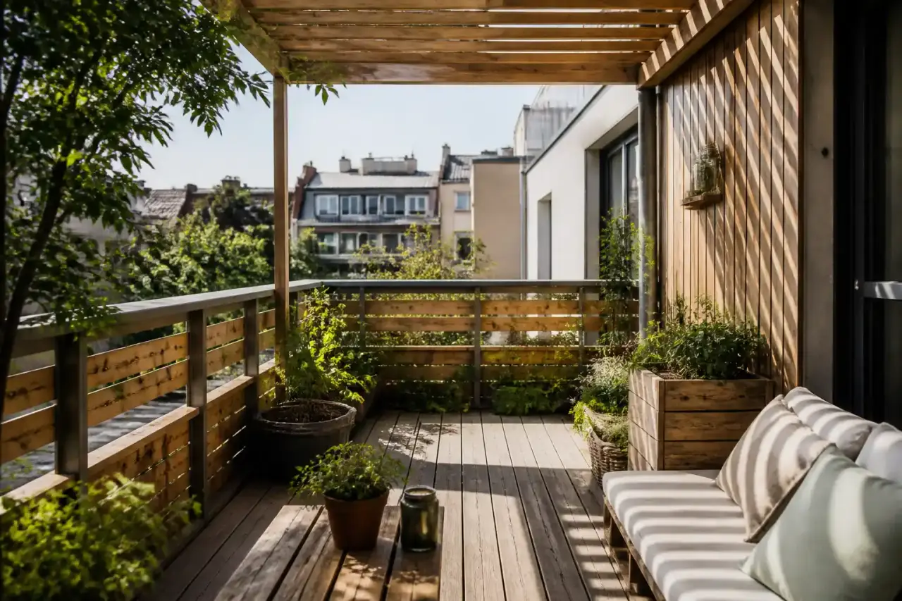 Balcon biosourcé 2026, ombre, bois et récup