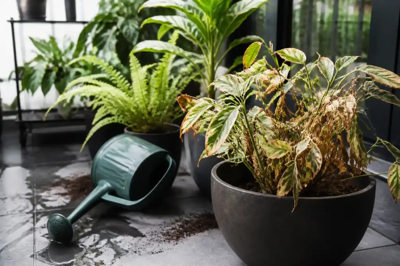 Terrasse ombragée aménagée avec fougères et hostas en pots