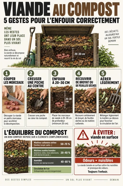 Viande compost : gestes pour enfouir et recouvrir un reste carné dans un composteur