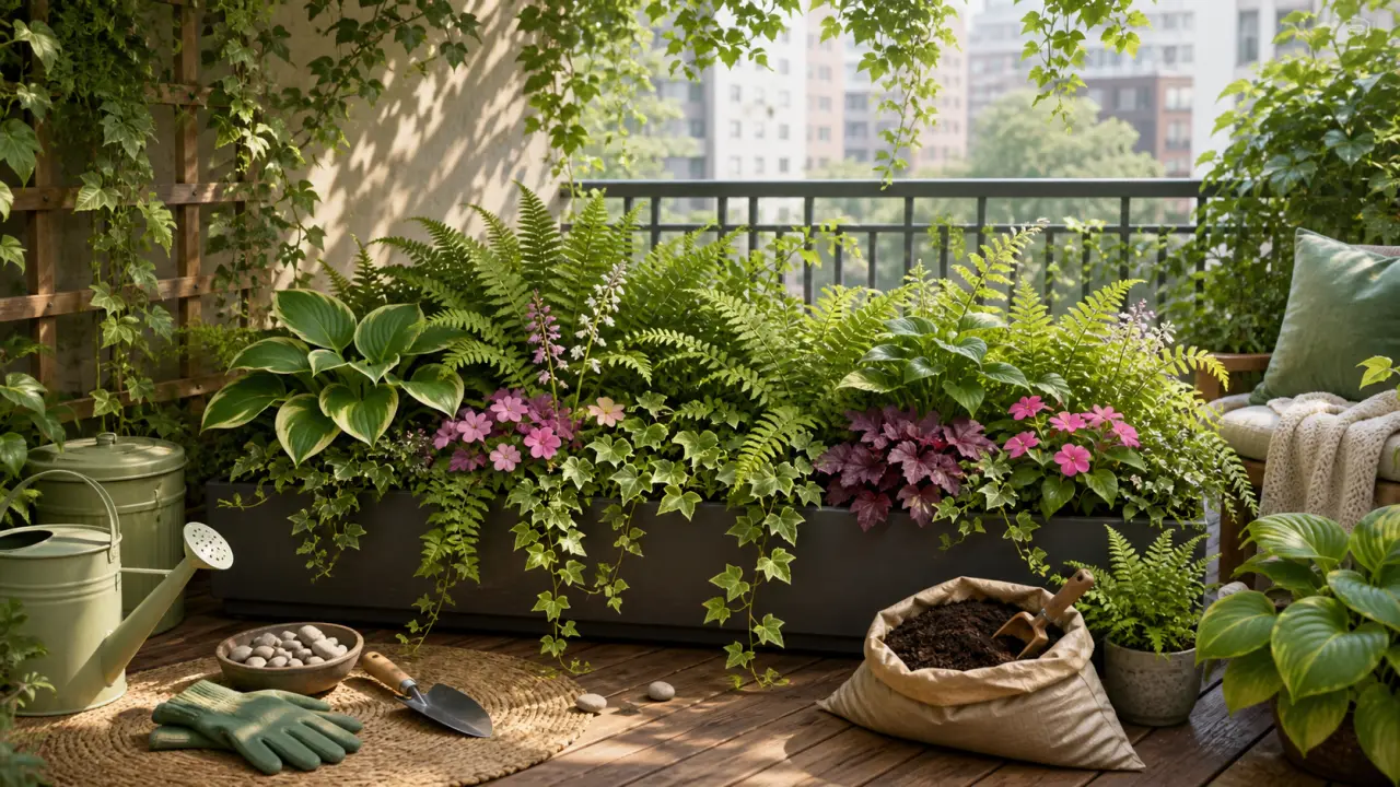 Jardinière fleurie sur un balcon ombragé, illustration douce et végétale