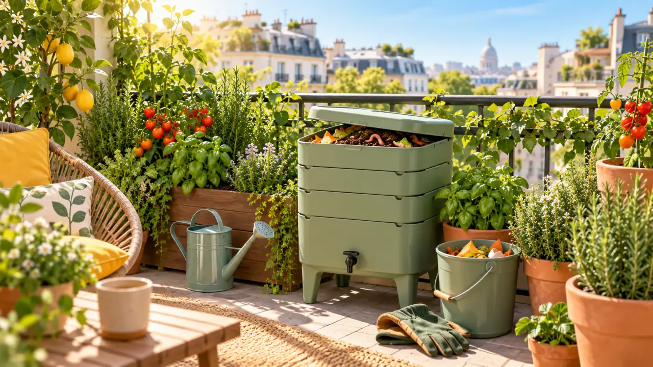 Lombricomposteur installé sur un balcon entouré de plantes en pots