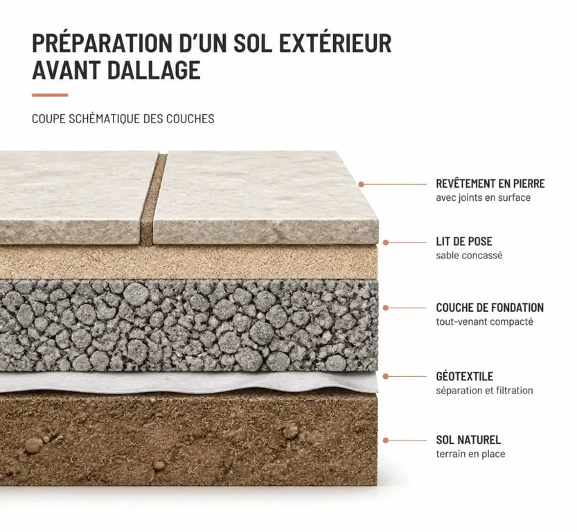 Schéma des couches de préparation du sol pour pavage dallage extérieur