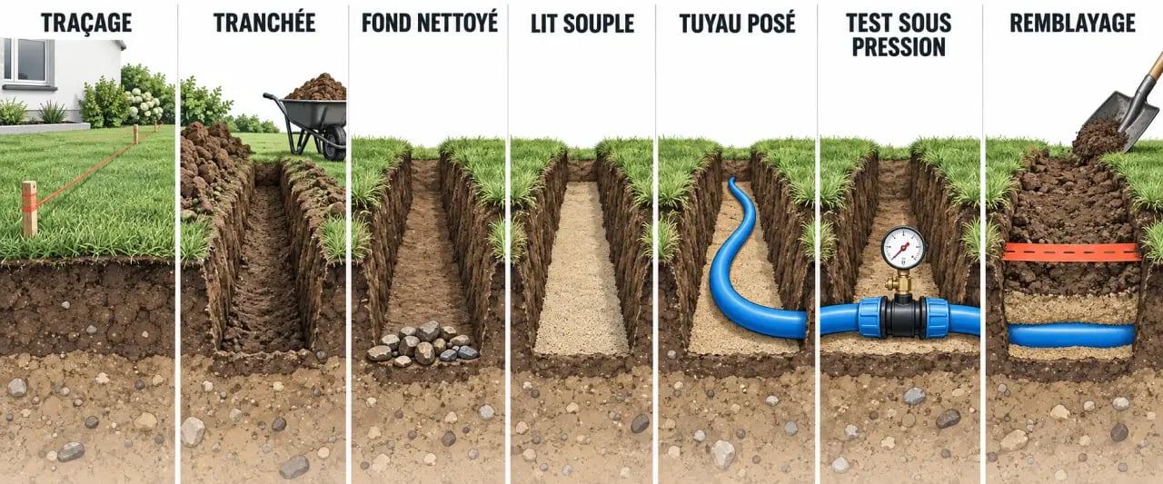 Étapes pour enterrer tuyau eau dans une tranchée avec lit de pose, test d’étanchéité et remblayage