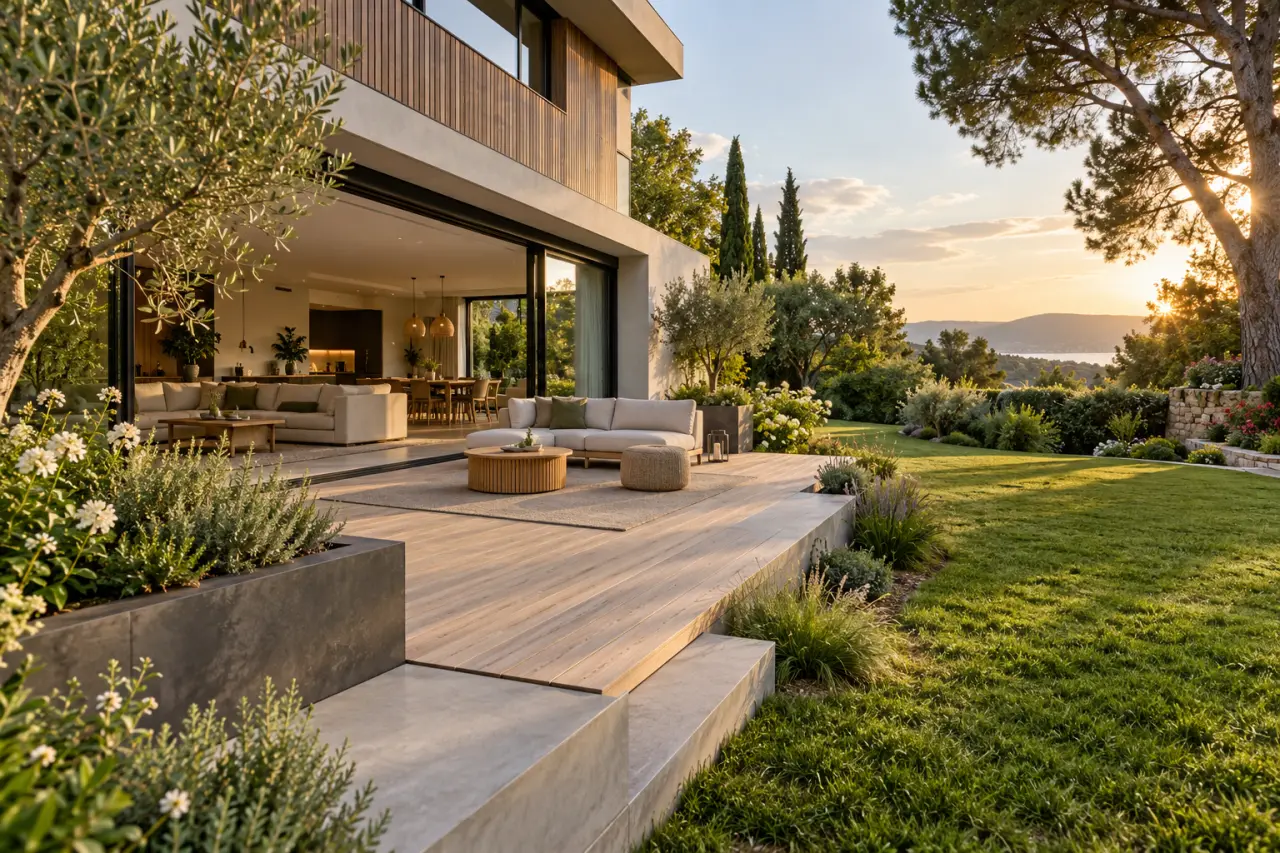 Une terrasse moderne agrandit la maison sans saturer le jardin