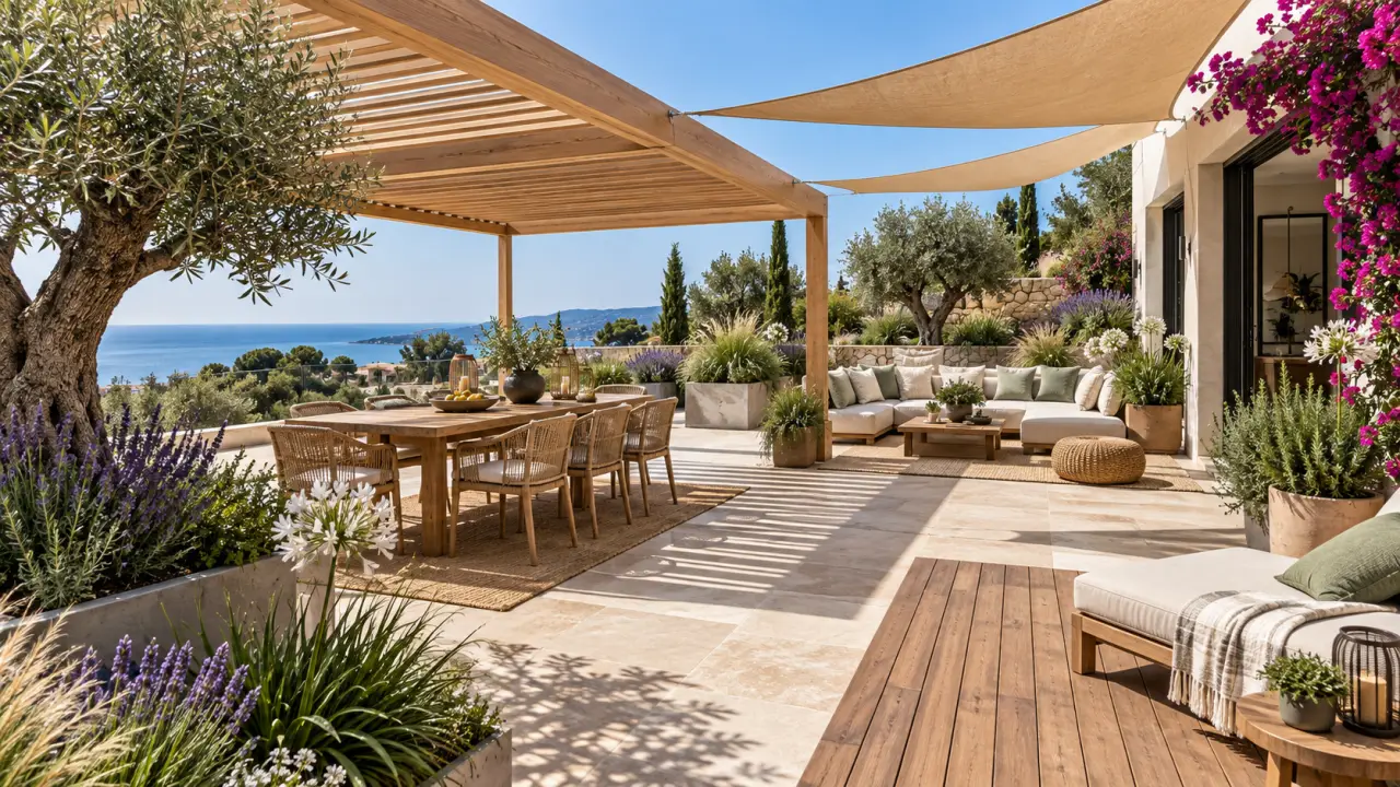 Une terrasse plein sud agréable en été : ombre, matériaux et plantes adaptés