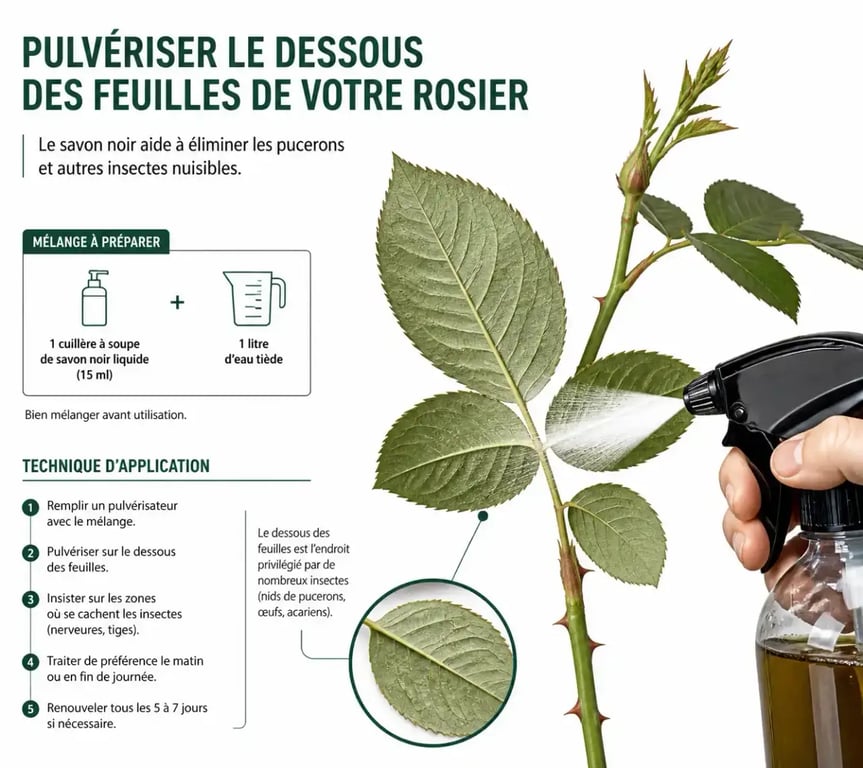 Technique de pulvérisation du savon noir sur le dessous des feuilles de rosier