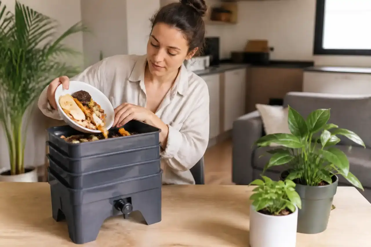 Illustration du lombricompostage en appartement, avec un bac discret et des plantes vertes