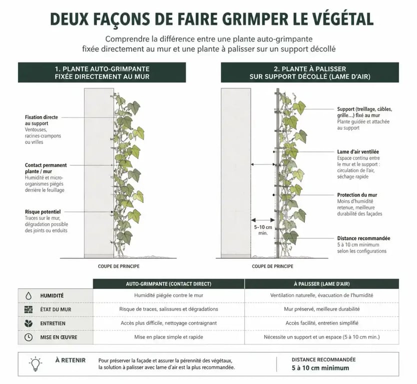Schéma comparatif des modes de fixation des plantes grimpantes sur une façade