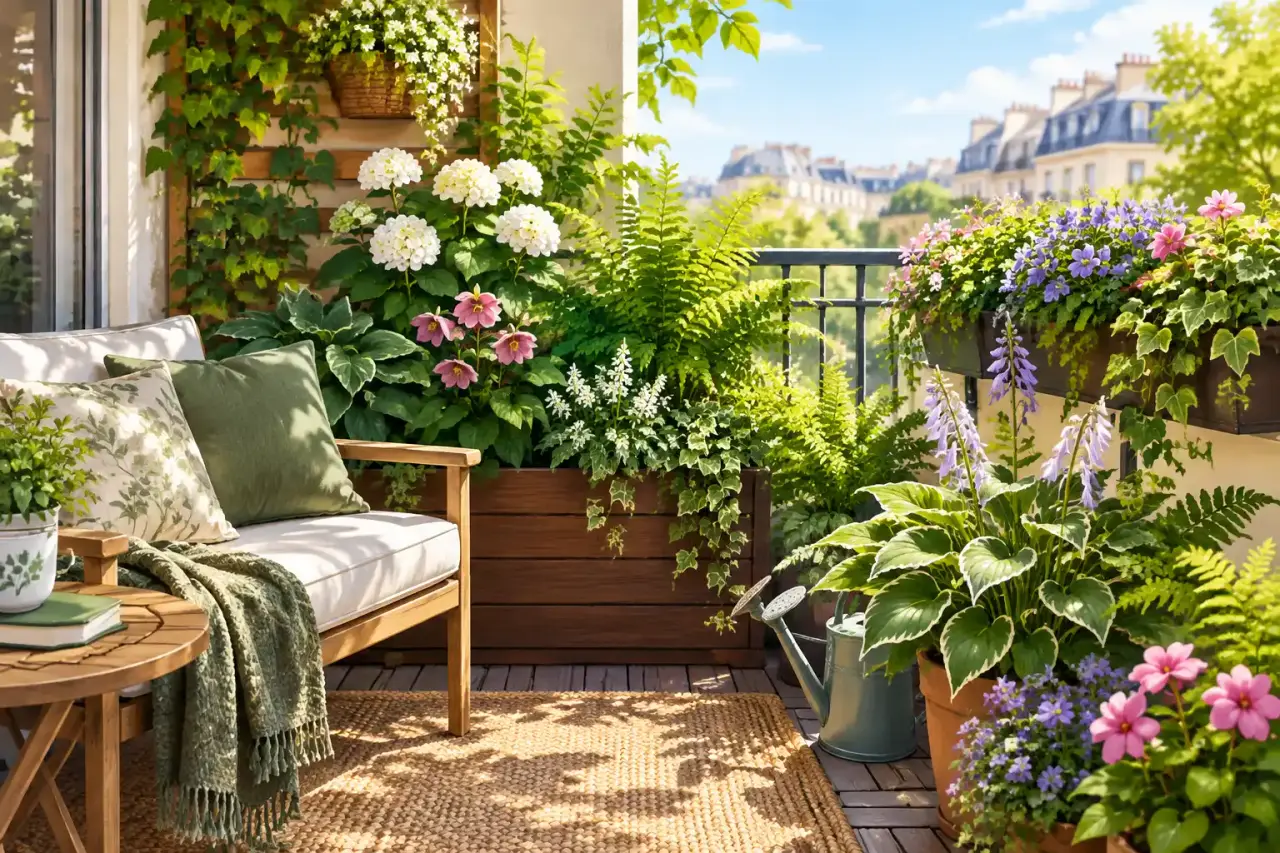 Balcon ombragé transformé en refuge fleuri avec des plantes en pots