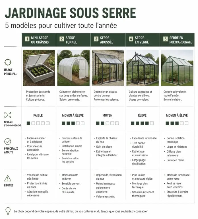 Infographie comparative des modèles de jardinage serre