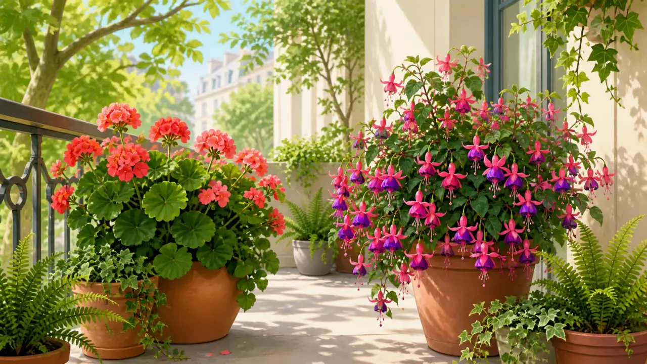 Balcon ombragé décoré de géraniums et de fuchsias en pots