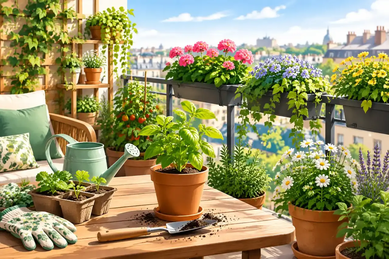 Un charmant balcon végétalisé avec des plantes vertes et des fleurs en pots en terre cuite