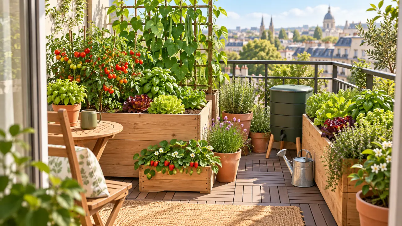Balcon urbain transformé en petit potager luxuriant