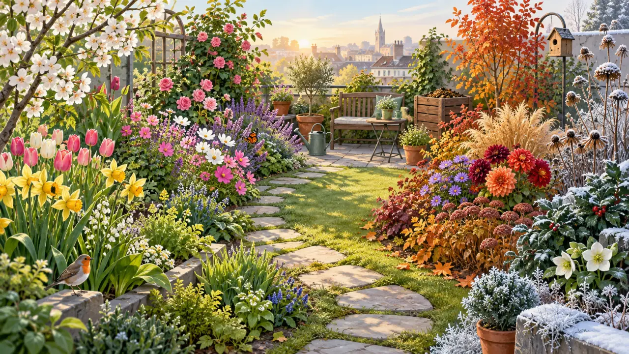 Jardin fleuri aux formes naturelles et aux couleurs douces