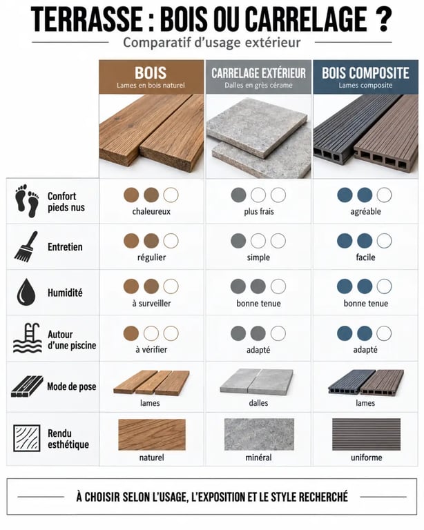 Infographie comparative terrasse bois ou carrelage avec bois composite, entretien, confort et sécurité