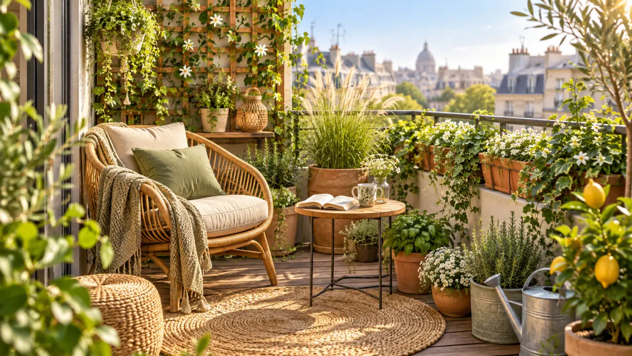 Coin lecture végétal aménagé sur un balcon avec fauteuil, plantes en pots et lumière douce