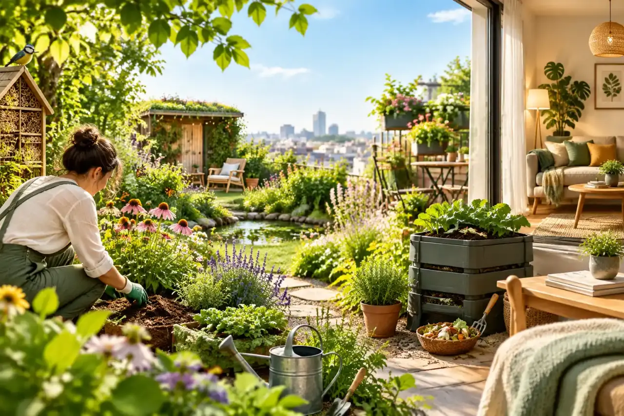 Jardin sauvage et luxuriant avec une serre ancienne, des plantes grimpantes et une lumière dorée