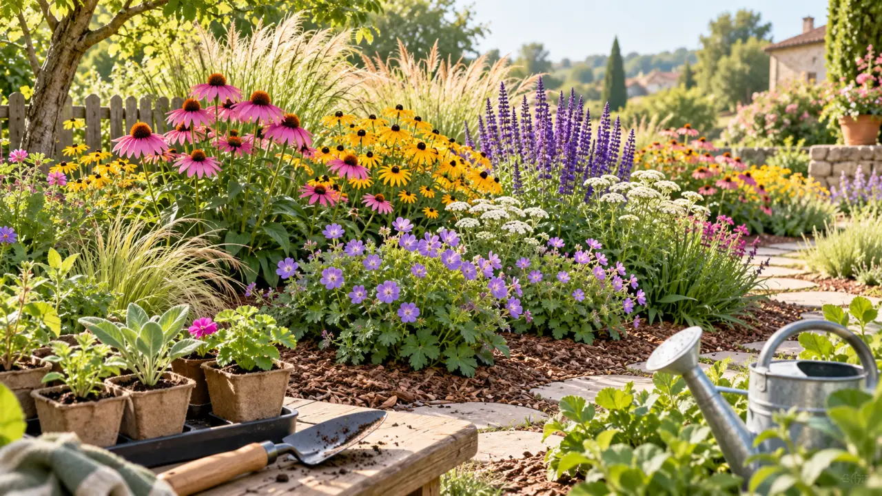 Massif fleuri composé de vivaces colorées dans un jardin naturel