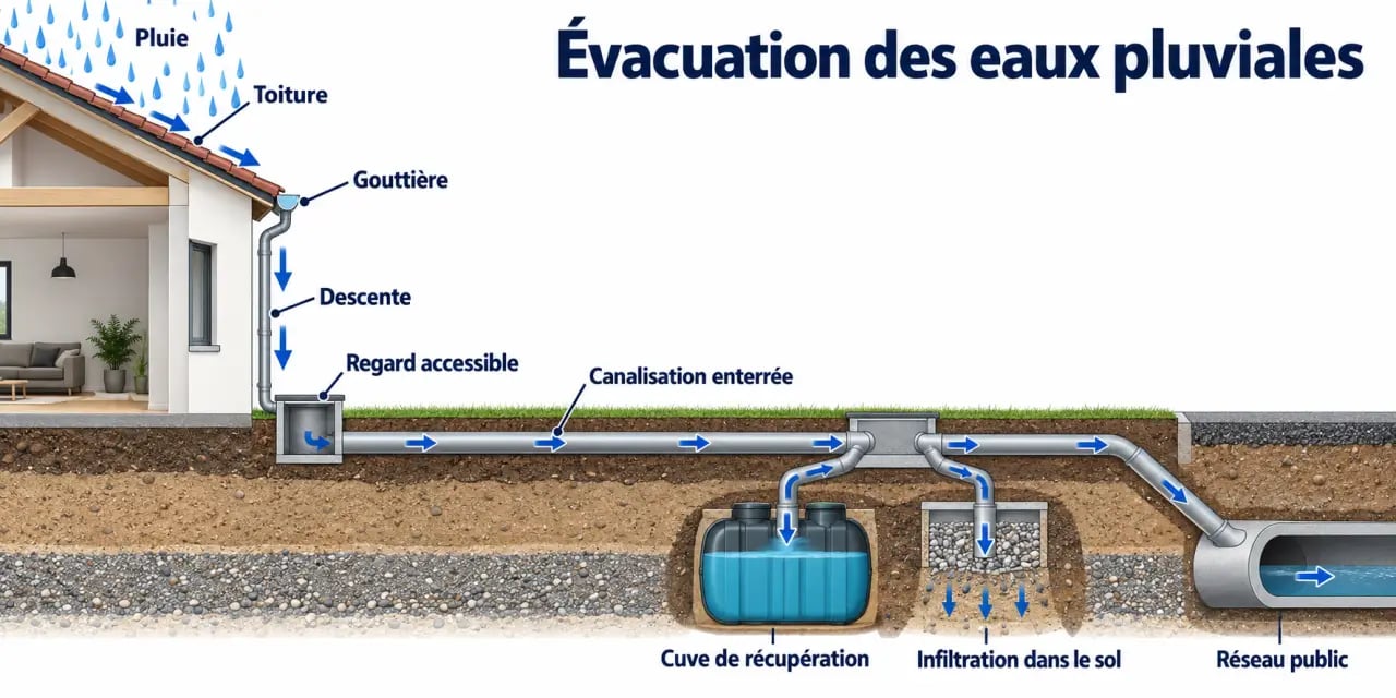 Schéma du cheminement d’une évacuation eau pluviale de la toiture au dispositif d’infiltration ou au réseau public