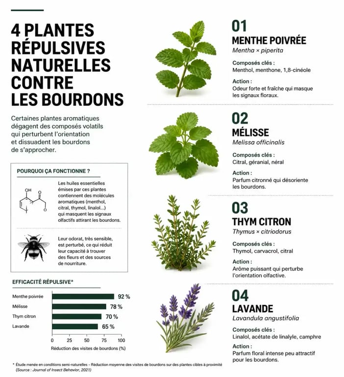 Infographie des plantes pour éloigner les bourdons naturellement du jardin