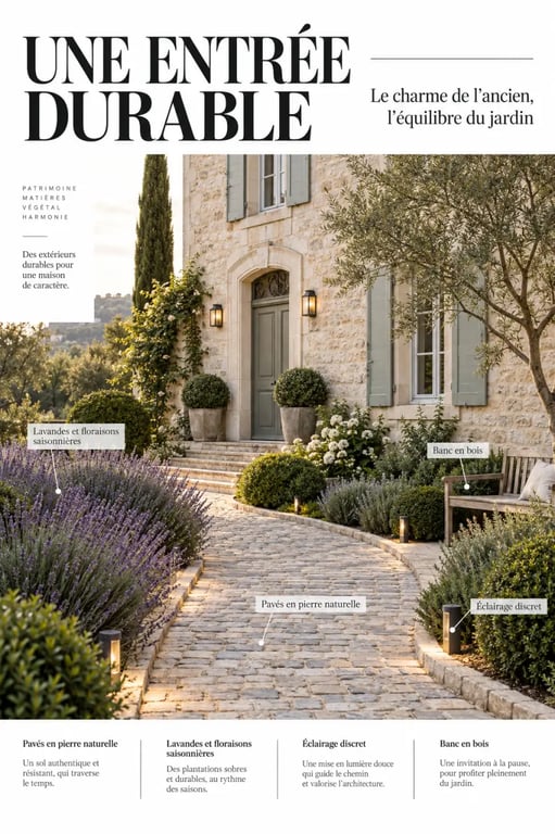Idée déco extérieur devant maison ancienne avec allée en pierre, lavande et banc
