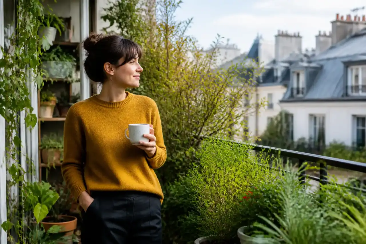 Balcon exposé au nord transformé en cocon végétal avec fougères, hostas et pots en terre cuite